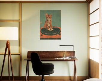May include: A vintage-style print featuring a ginger tabby cat sitting on a record player. The cat is the focal point, with its orange and brown stripes. The record player is brown and black, set against a teal background.