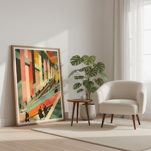 Op de afbeelding: Een ingelijste kunstdruk met een abstracte illustratie van mensen op een roltrap. Het kunstwerk gebruikt een palet van rode, oranje, gele en blauwe verticale vormen. De print wordt tentoongesteld in een lichte kamer met een witte stoel en een potplant.