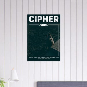 Op de afbeelding: Een rechthoekige wandposter met de titel CIPHER -VOID- met een donkere, sfeervolle foto van een persoon in een jas met capuchon die op een richel zit en uitkijkt over een stad bij nacht. De tekst bevat de titel en een lijst met kleine woorden.