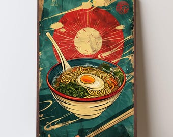 Japansk Ramen-affisch - Vintage matväggkonst - Retro kökstryck - Illustration av japanska nudlar