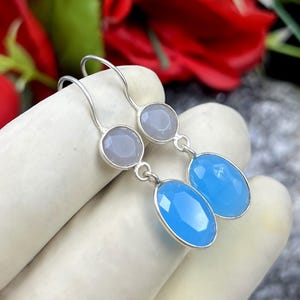 May include: Silver drop earrings with two blue oval-shaped stones and a gray round stone. The earrings are displayed against a white background with red flowers in the background.