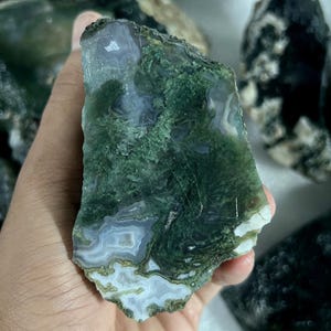 May include: A polished slab of moss agate featuring deep forest green inclusions resembling fern-like patterns, contrasted by translucent grey areas and opaque white banding along the bottom edge, showcasing natural mineral formations.