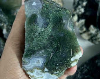 May include: A polished slab of moss agate featuring deep forest green inclusions resembling fern-like patterns, contrasted by translucent grey areas and opaque white banding along the bottom edge, showcasing natural mineral formations.