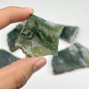 May include: A translucent moss agate slab featuring deep green dendritic inclusions and white mineral patterns. The stone has an irregular, angular shape with a smooth, polished surface texture and visible natural banding throughout the mineral structure.