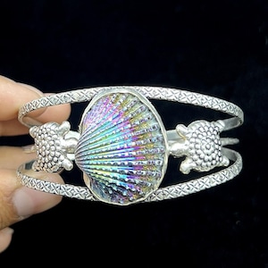 Titanium Shell Gemstone Cuff Bangle, 925 Sterling Silver Cuff Bracelet, Boho Jewelry