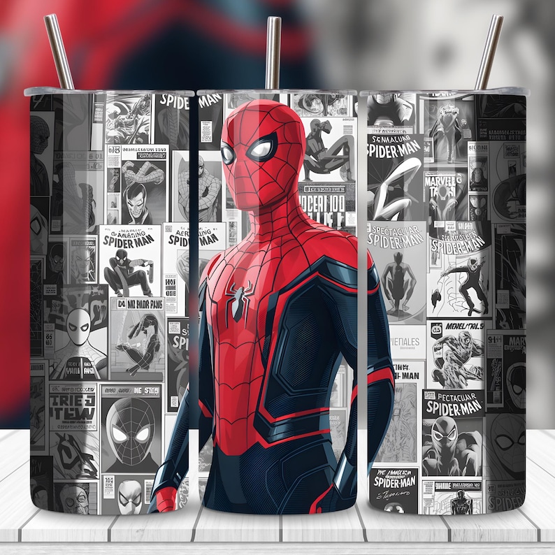 Superhero Spider-Man tumbler wrap PNG for 20oz skinny tumblers, action hero sublimation design with web slinging character art, digital download for custom drinkware, transparent PNG for Cricut and heat press printing, vibrant red blue superhero design for personalized tumblers, kids cartoon hero wrap for DIY sublimation projects