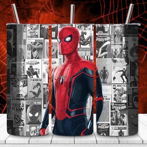 Spider-Man tumbler wrap PNG for 20oz skinny tumblers, superhero action sublimation design with comic style web hero artwork, digital download for custom drinkware, high resolution transparent PNG for Cricut and heat press printing, vibrant red and blue superhero design for personalized tumblers, cartoon hero cup wrap for kids gifts and DIY sublimation projects