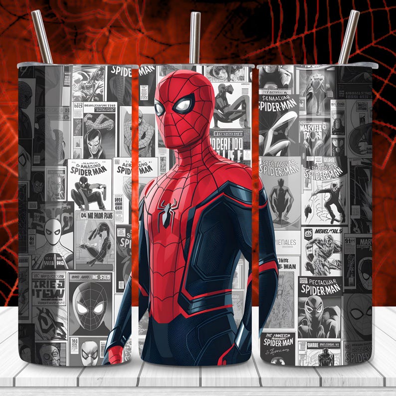 Spider-Man tumbler wrap PNG for 20oz skinny tumblers, superhero action sublimation design with comic style web hero artwork, digital download for custom drinkware, high resolution transparent PNG for Cricut and heat press printing, vibrant red and blue superhero design for personalized tumblers, cartoon hero cup wrap for kids gifts and DIY sublimation projects