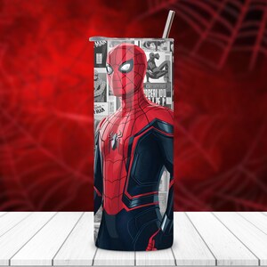 Spider-Man superhero tumbler wrap PNG design, 20oz skinny sublimation template with action web hero artwork, digital download for custom drinkware, high resolution transparent PNG for heat press and Cricut, vibrant cartoon superhero design for kids tumblers, bold comic style wrap for personalized cups and DIY sublimation crafts
