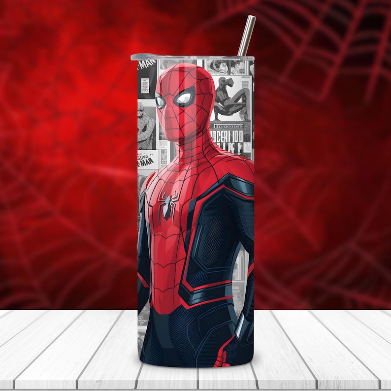 Spider-Man superhero tumbler wrap PNG design, 20oz skinny sublimation template with action web hero artwork, digital download for custom drinkware, high resolution transparent PNG for heat press and Cricut, vibrant cartoon superhero design for kids tumblers, bold comic style wrap for personalized cups and DIY sublimation crafts