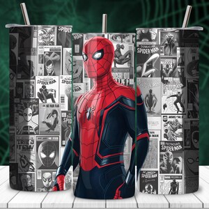 20oz skinny Spider-Man tumbler wrap PNG, action hero sublimation design with cartoon character style, digital download for custom tumblers and mugs, high quality transparent PNG for Cricut and heat press, vibrant superhero artwork for kids drinkware, bold comic style web hero wrap design for personalized cups and DIY projects