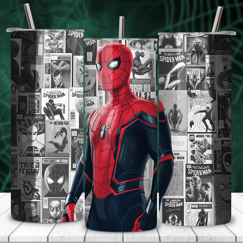20oz skinny Spider-Man tumbler wrap PNG, action hero sublimation design with cartoon character style, digital download for custom tumblers and mugs, high quality transparent PNG for Cricut and heat press, vibrant superhero artwork for kids drinkware, bold comic style web hero wrap design for personalized cups and DIY projects