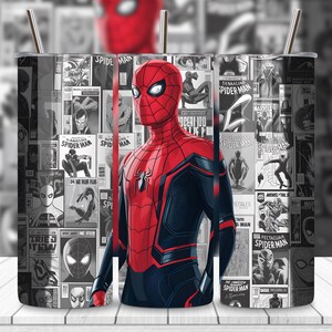 Spider-Man tumbler wrap PNG, 20oz skinny sublimation design with cartoon superhero action theme, digital download for custom tumblers, high resolution transparent PNG for Cricut projects, bold web hero artwork for kids drinkware, vibrant comic style tumbler wrap for personalized cups and DIY sublimation printing