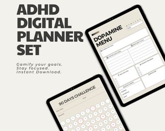 ADHD Digital Planner Set | 90 Day Challenge & Dopamine Menu | Gamified Productivity Journal | Neurodivergent Friendly | GoodNotes PDF