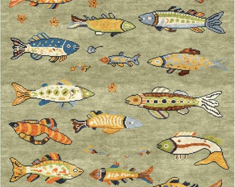 Hand Knotted Wool Fish Rug, Coastal Green Nursery Carpet