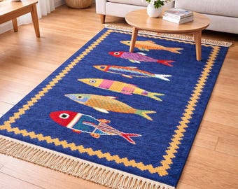 Handwoven Wool Fish Rug, Blue Nautical Coastal Decor
