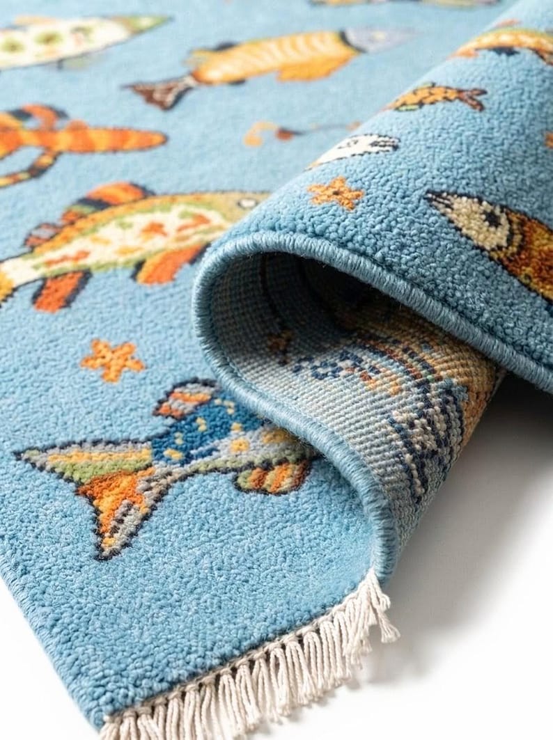 Hand Knotted Wool Fish Rug, Colorful Coastal Nursery Carpet, Ocean ...