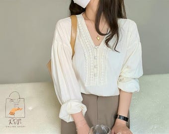 ホワイトVネックポリエステルブラウス、長袖ワークトップス、春秋ファッション