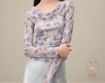 水彩プリントのカウルネックトップ | Y2Kコケットメッシュブラウス | ロマンティックな長袖ボディコンクロップトップ | 春のフェアリーコアポリアミドストリートウェア