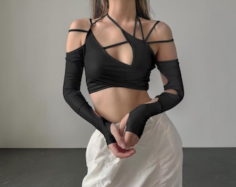 Czarny top na ramiączkach typu halter z odkrytymi ramionami - gotycka kamizelka z wycięciem na plecach - cyberpunkowa asymetryczna koszulka bez rękawów - odzież uliczna Edgy Rave