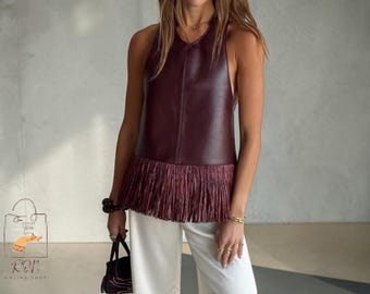 Top de mujer de piel sintética con flecos, estilo halter, informal, liso, sin mangas, sin espalda, estilo patchwork, con dobladillo de borlas, blusa elegante de verano para festivales 2026