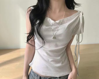 エレガントなドットリボンオフショルダーサマートップスレディースイレギュラー半袖スリムカジュアルTシャツ