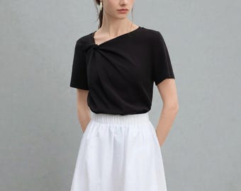Asymmetrische Knoten Design Petite Frauen Kurzarm Baumwolle T-Shirt Sommer Abnehmen Vielseitiges Top