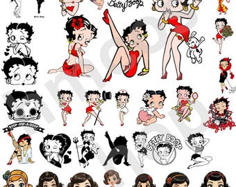 May include: A collection of Betty Boop illustrations in various poses and styles. The images feature Betty Boop in red dresses, black and white silhouettes, and cartoon styles. Some images include text, such as "Betty Boop" and "Boop-Oop-A-Doop."