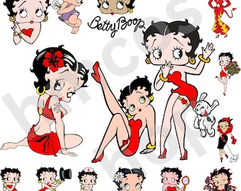 May include: A collection of Betty Boop cartoon character illustrations in various poses. The images feature Betty Boop in red dresses, with black hair, and gold hoop earrings. Some images include a dog, flowers, and other accessories.