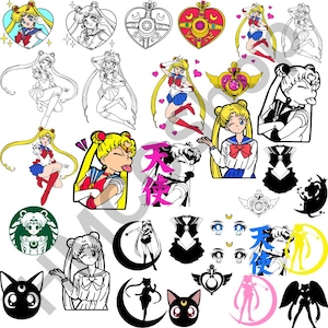 Pode incluir: Uma coleção de ilustrações e designs com o tema Sailor Moon. A imagem apresenta várias representações da personagem em diferentes poses e estilos, juntamente com símbolos e motivos relacionados, tanto a cores como a preto e branco.