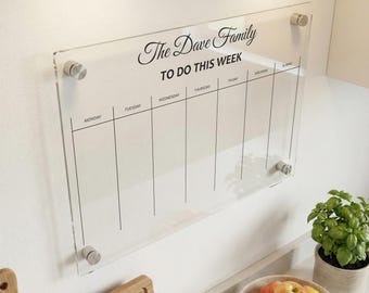Acrylic Calendar For Wall – Personalized Dry Erase Planner with Family Name | Clear Acrylic Board | Free Marker Set