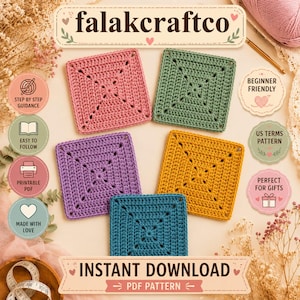 May include: Five square crochet motifs in pink, green, purple, yellow, and blue. The image includes text: falakcraftco, BEGINNER FRIENDLY, US TERMS PATTERN, PERFECT FOR GIFTS, STEP BY STEP GUIDANCE, EASY TO FOLLOW, PRINTABLE PDF, MADE WITH LOVE, INSTANT DOWNLOAD PDF PATTERN.