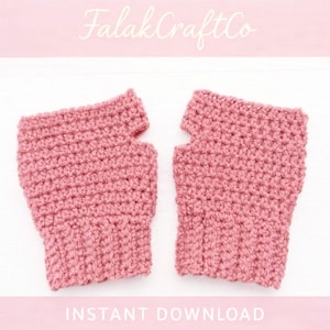 May include: A pair of dusty rose fingerless gloves, hand-crocheted with a textured stitch. The gloves have a ribbed cuff and a thumb opening. The text "FalakCraftCo" is at the top, and "INSTANT DOWNLOAD" is at the bottom.