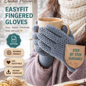 Op de afbeelding: Een digitaal haakpatroon voor easyfit vingerhandschoenen van falakcraftco. De afbeelding bevat tekst waaronder "EASYFIT FINGERED GLOVES", "PDF PATTERN", "BEGINNER FRIENDLY", "SIZE ADJUSTABLE", "INSTANT DOWNLOAD" en "STEP BY STEP GUIDANCE".