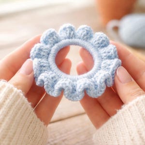 Könnte beinhalten: Ein hellblaues, gehäkeltes Haargummi mit blütenförmigem Design. Das Haaraccessoire ist rund mit einem gewellten Rand. Der Hintergrund ist unscharf, aber zeigt ein Fenster und eine Topfpflanze.