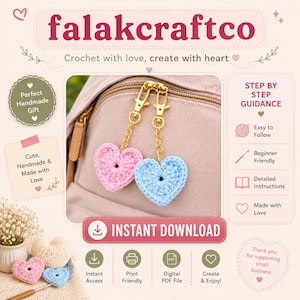 May include: Two crochet heart keychains, one light pink and one light blue, each attached to a gold-tone metal lobster clasp and chain. The text falakcraftco appears at the top, with additional text including Instant Download and Step by Step Guidance.
