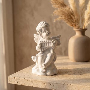 Mini Cupid Angel Figurine – Nordic Style White Resin Cherub Playing Pan Flute Desk Decor