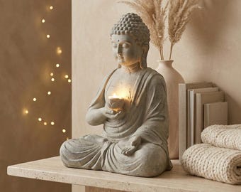 Statua di Buddha a energia solare con luce LED a forma di loto – Decorazione per giardino in stile zen per la meditazione.
