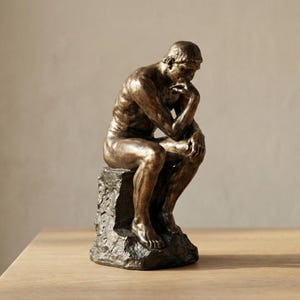May include: Bronze-colored sculpture of a seated figure, the Thinker, resting his chin on his hand. The figure is atop a textured, dark stone base. The sculpture is displayed on a light brown wooden surface.