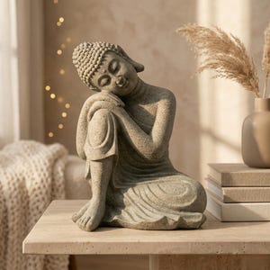 May include: A grey stone Buddha statue in a seated position, with the head resting on the knee. The statue has a textured finish. It is placed on a light-coloured surface. A vase of dried plants and books are in the background.