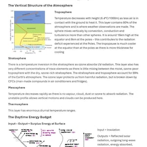 May include: Diagram illustrating diurnal energy budgets and the vertical structure of the atmosphere. Includes a graph showing temperature changes with altitude and a diagram of the daytime energy budget, with labels for solar radiation and heat transfer.
