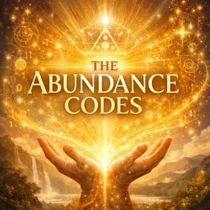 Puede incluir: Ilustración digital con un tema dorado y radiante. Las palabras "THE ABUNDANCE CODES" se muestran de forma destacada. Dos manos están ahuecadas, con luz que emana de ellas. El fondo presenta una cascada y montañas.