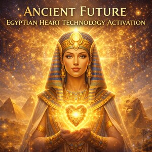 Puede incluir: Ilustración digital de una mujer con atuendo egipcio, sosteniendo un corazón brillante. La imagen está bañada en luz dorada, con las palabras "ANCIENT FUTURE" y "EGYPTIAN HEART TECHNOLOGY ACTIVATION" en la parte superior.