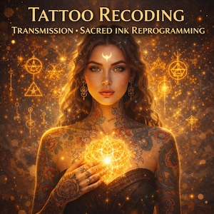May include: A digital artwork depicts a woman with tattoos and long wavy hair. The image includes the text "TATTOO RECODING" and "TRANSMISSION • SACRED INK REPROGRAMMING". The woman wears jewellery and has a glowing design on her chest, set against a cosmic background.