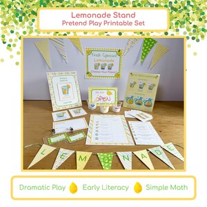 May include: A lemonade stand pretend play printable set featuring paper signs, banners, and order forms with yellow and green lemon-themed graphics. The set includes a banner spelling LEMONADE, menu cards, price lists, and small cups with straws.