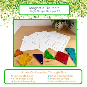 May include: A collection of colorful magnetic tile mats and paper templates for educational play. The image includes various geometric shapes in red, yellow, green, blue, and orange. Text on the image reads "Magnetic Tile Mats" and "Hands-On Learning Through Play."
