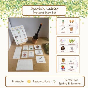 Puede incluir: Un "Juego de simulación de centro de jardinería" con tarjetas, una pala pequeña y una maceta de terracota. El juego incluye tarjetas con imágenes de árboles, guantes, flores, verduras, tierra, semillas, una cesta, una pala, fruta y una regadera. El juego es imprimible y listo para usar.