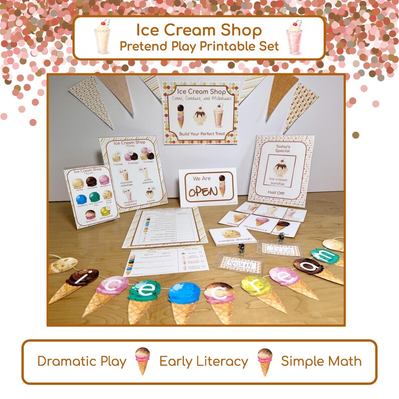 May include: A printable pretend play set for an ice cream shop featuring various paper signs, menus, and labels. The collection includes a banner with ice cream cone graphics spelling out the word ice cream, order forms, and price lists.