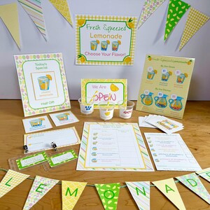 May include: A lemonade stand kit featuring printed signs, price lists, order forms, and sales trackers with lemon-themed graphics. Includes a bunting banner with the word LEMONADE, three small plastic cups with straws, and two name badges.