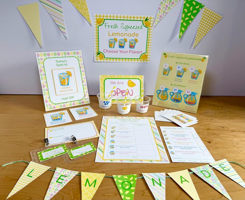 May include: A lemonade stand kit featuring printed signs, price lists, order forms, and sales trackers with lemon-themed graphics. Includes a bunting banner with the word LEMONADE, three small plastic cups with straws, and two name badges.